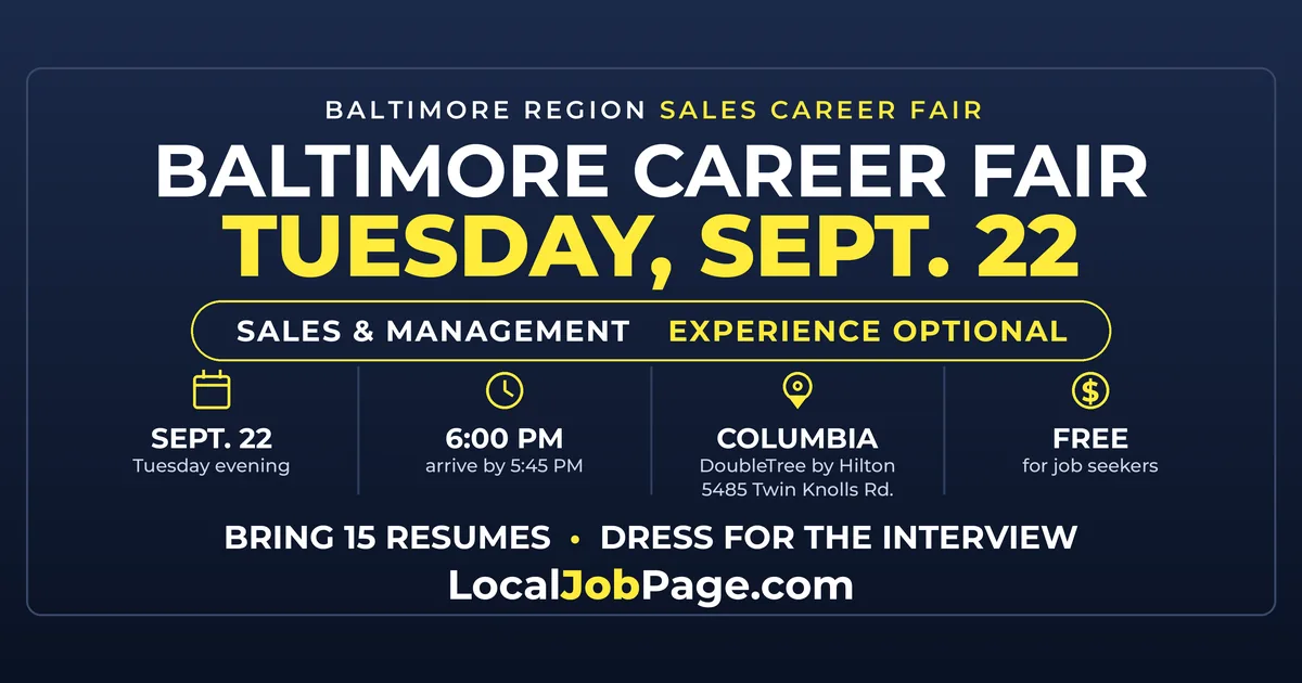 Baltimore Career Fair Sept. 22: Evening Sales Hiring Event in Columbia