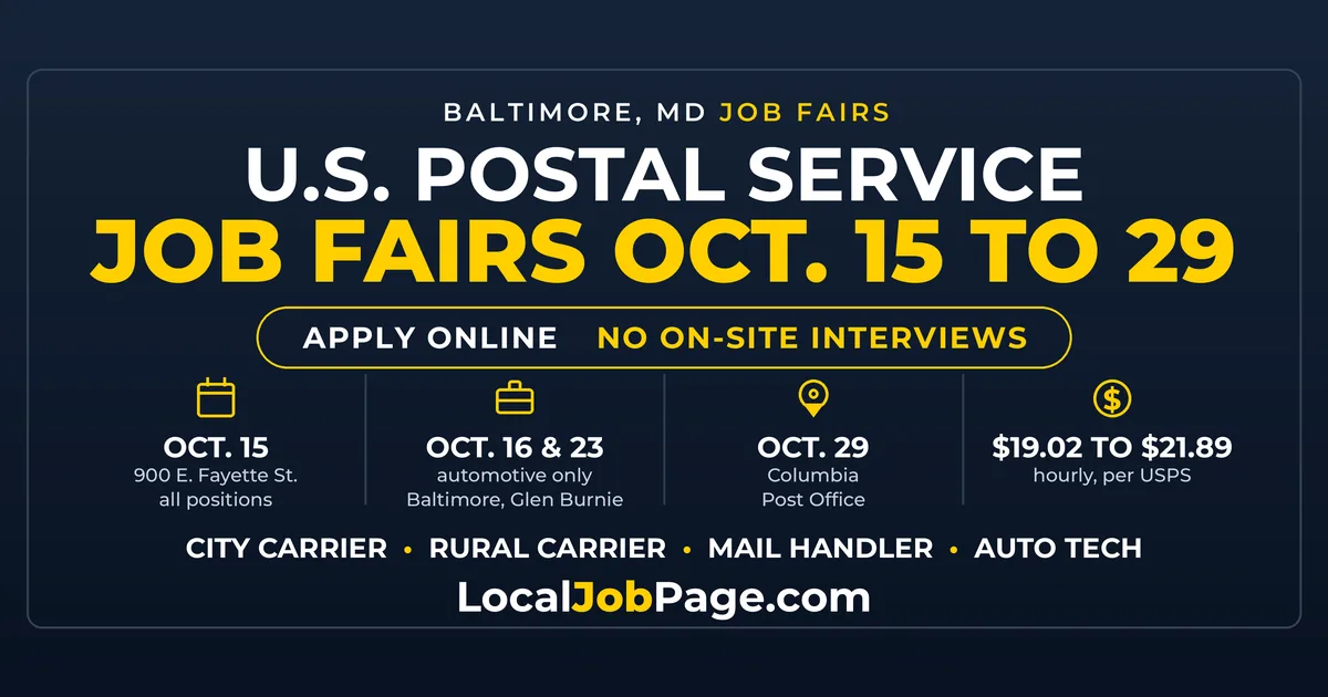 USPS Job Fairs in Baltimore, Glen Burnie and Columbia: Oct. 15–29